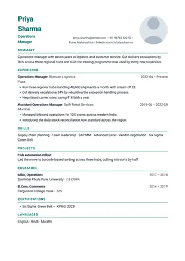 Avatar resume template: A round photo beside the contact details.