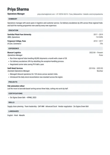 B-School resume template: The dense one-page MBA placement format, education first.