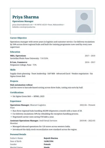 Fresher (India) resume template: The Indian fresher format, photo and declaration included.