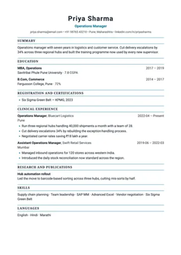 Medical resume template: Degrees and registration first, then clinical experience and research.